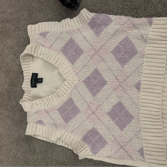 Joie Sweaters - Joie Cream and Purple V-Neck Sweater with Argyle Pattern